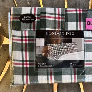 6-pc London Fog QUEEN Green Holiday Plaid Sheet Set Plaid (2 xtra pillowcases)